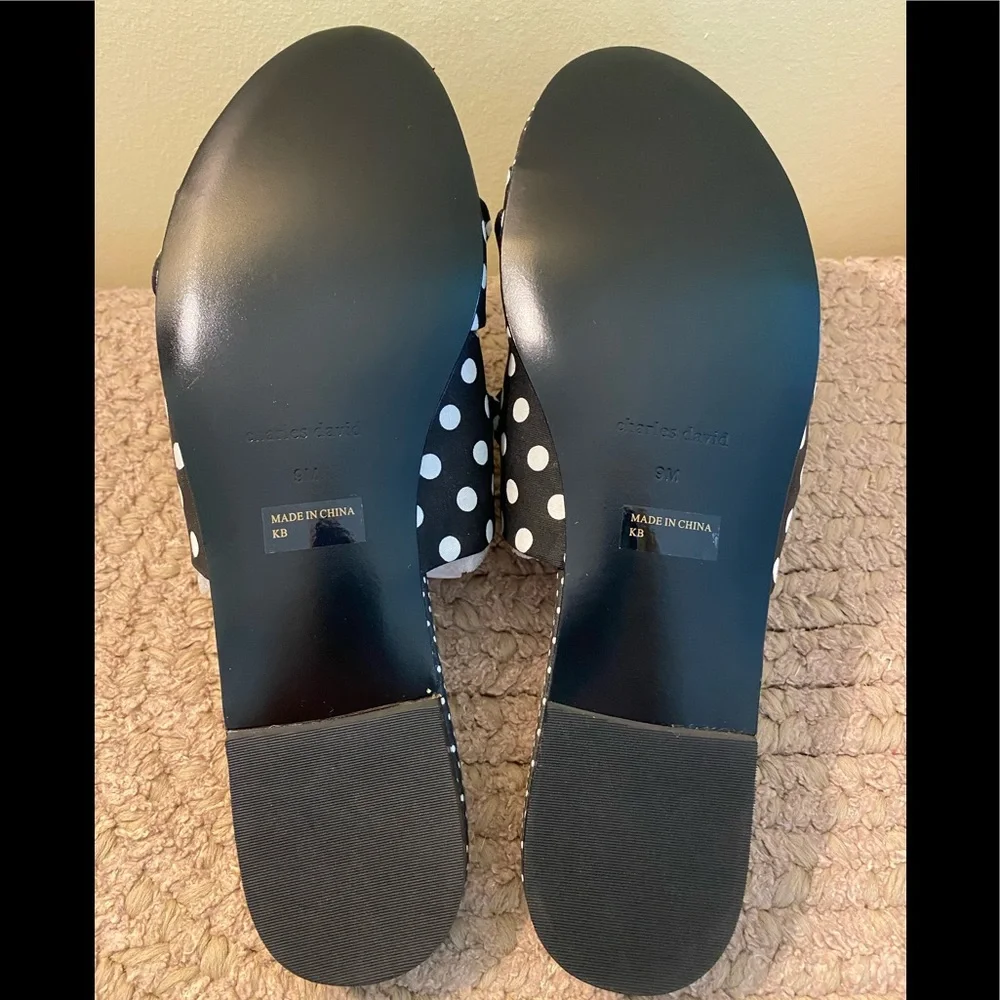 New, Charles David Collection Souffle Sandal, Black & White Polka Dot, Bow, SZ 9